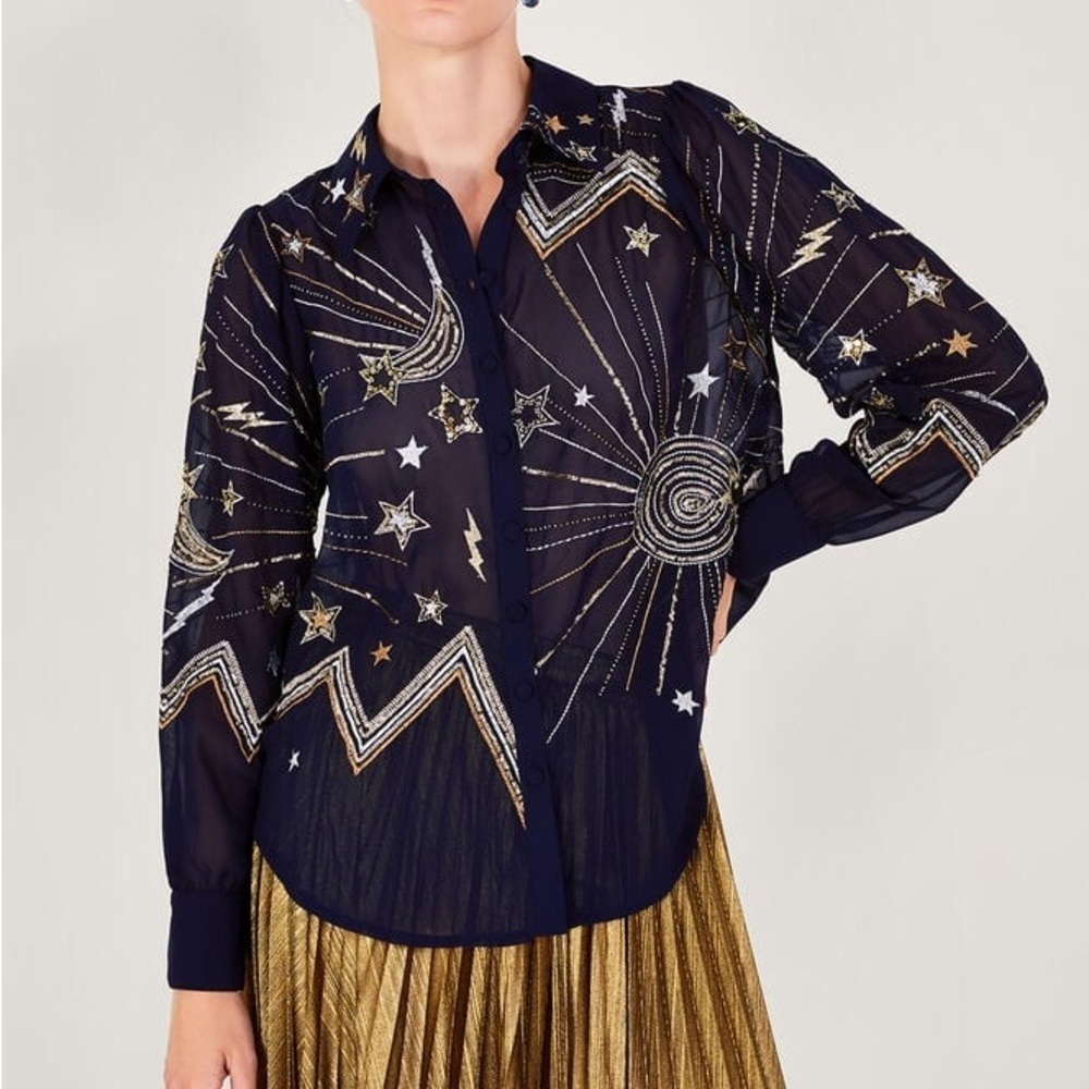 NWT Monsoon Celestial Tina embellished blouse sheer blue